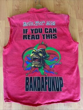 Vintage Biker Design Sturgis 2003 Men’s Red Sleeveless Motorcycle Jester Size XL